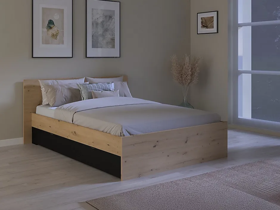 Vente-unique Lit avec 2 tiroirs 140 x 190/200 cm - Coloris : Naturel et noir - VARLY New