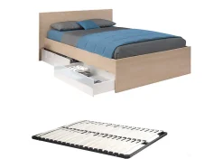 Vente-unique Lit avec 2 tiroirs 140 x 190 cm - Coloris : Naturel et blanc brillant + sommier - VELONA