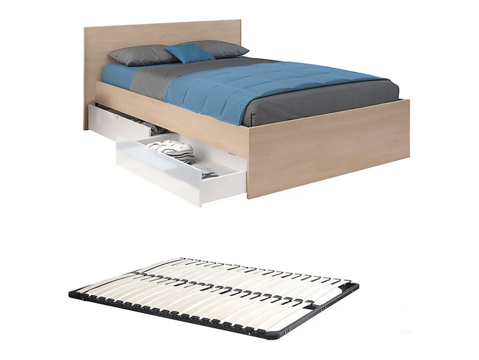 Vente-unique Lit avec 2 tiroirs 140 x 190 cm - Coloris : Naturel et blanc brillant + sommier - VELONA
