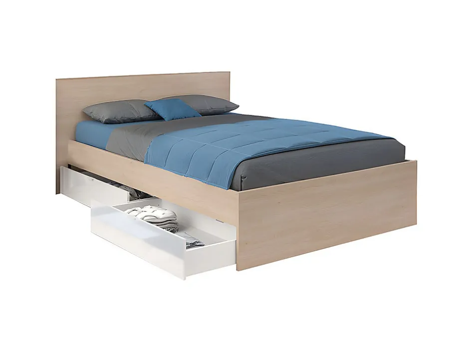 Vente-unique Lit avec 2 tiroirs 140 x 190 cm - Coloris : Naturel et blanc brillant + sommier - VELONA