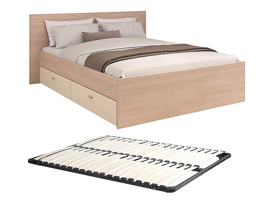 Vente-unique Lit avec 2 tiroirs 140 x 190 cm - coloris : Naturel et beige + Sommier - VELONA Sale