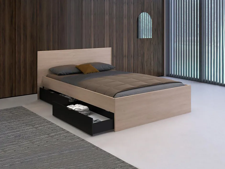 Vente-unique Lit avec 2 tiroirs 140 x 190 cm - Coloris : Naturel et noir - VELONA