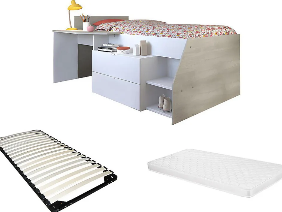 Enfant Vente-unique Lit avec bureau et rangements - 90 x 190/200 cm - Blanc et naturel + Sommier + Matelas - GISELE