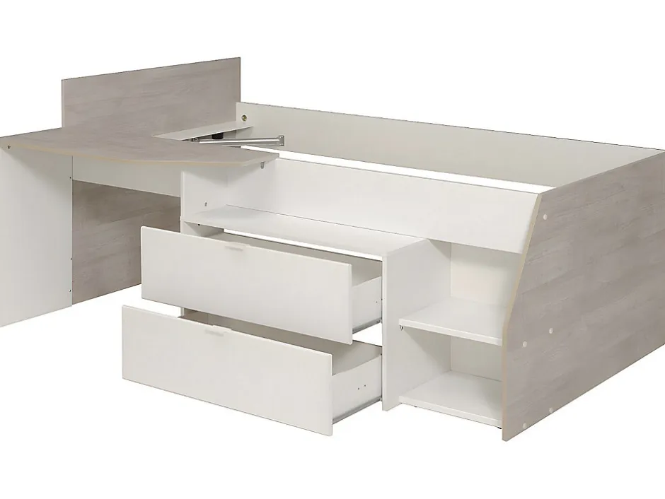 Enfant Vente-unique Lit avec bureau et rangements - 90 x 190/200 cm - Blanc et naturel + Sommier + Matelas - GISELE