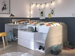 Enfant Vente-unique Lit avec bureau et rangements - 90 x 190/200 cm - Blanc et naturel + Sommier + Matelas - GISELE