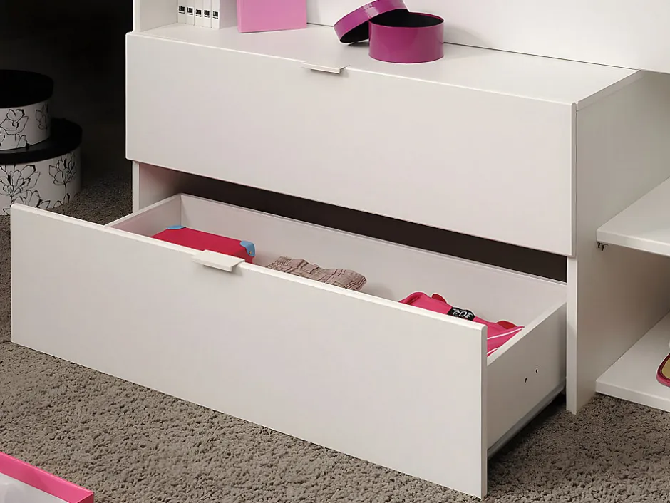 Enfant Vente-unique Lit avec bureau et rangements - 90 x 190/200 cm - Blanc et naturel + Sommier + Matelas - GISELE