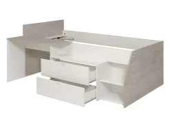 Vente-unique Lit avec bureau et rangements - 90 x 190/200 cm - Blanc et naturel - GISELE Best