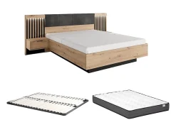 Vente-unique Lit avec chevets 160 x 200 cm - Avec LEDs - Coloris : Naturel et noir + Sommier + Matelas - ARIADA Sale