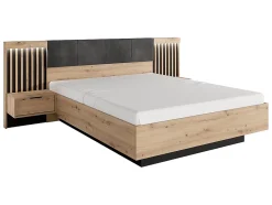 Vente-unique Lit avec chevets 160 x 200 cm - Avec LEDs - Coloris : Naturel et noir + Sommier + Matelas - ARIADA Sale