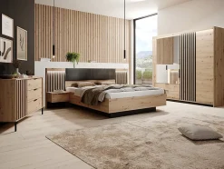 Vente-unique Lit avec chevets 160 x 200 cm - Avec LEDs - Coloris : Naturel et noir + Sommier + Matelas - ARIADA Sale