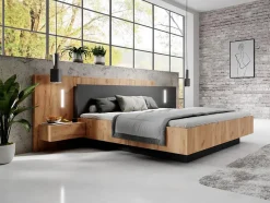 Vente-unique Lit avec chevets 140 x 190 cm - 2 tiroirs - Avec LEDs - Coloris : Naturel et anthracite - FRANCOLI New