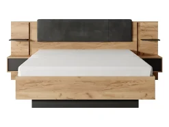 Vente-unique Lit avec chevets 160 x 200 cm - Avec LEDs - Coloris : Naturel et anthracite - ELYNIA Discount