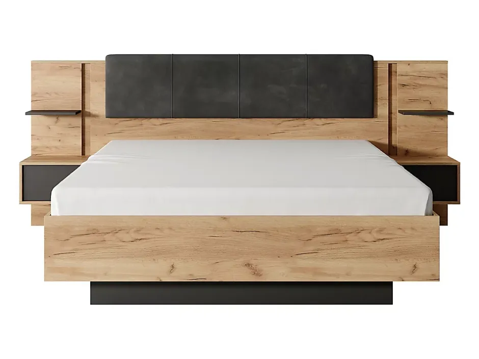 Vente-unique Lit avec chevets 160 x 200 cm - Avec LEDs - Coloris : Naturel et anthracite - ELYNIA Discount