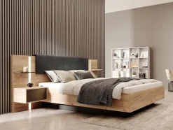 Vente-unique Lit avec chevets 160 x 200 cm - Avec LEDs - Coloris : Naturel et anthracite - ELYNIA Discount