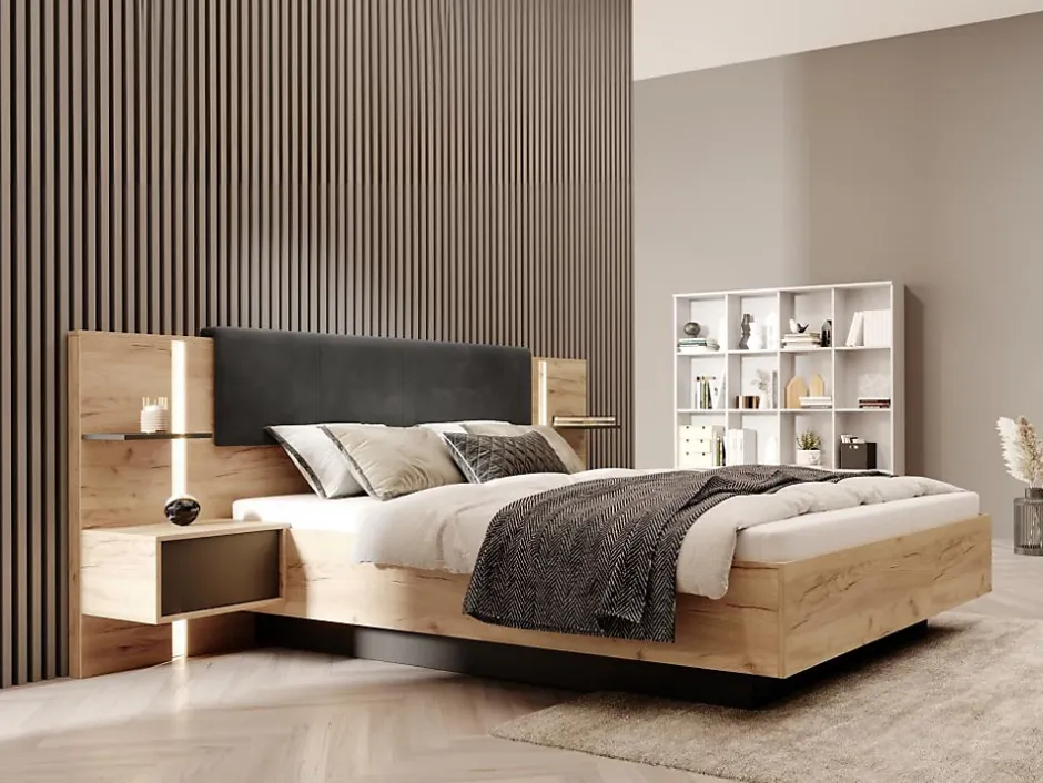 Vente-unique Lit avec chevets 160 x 200 cm - Avec LEDs - Coloris : Naturel et anthracite - ELYNIA Discount