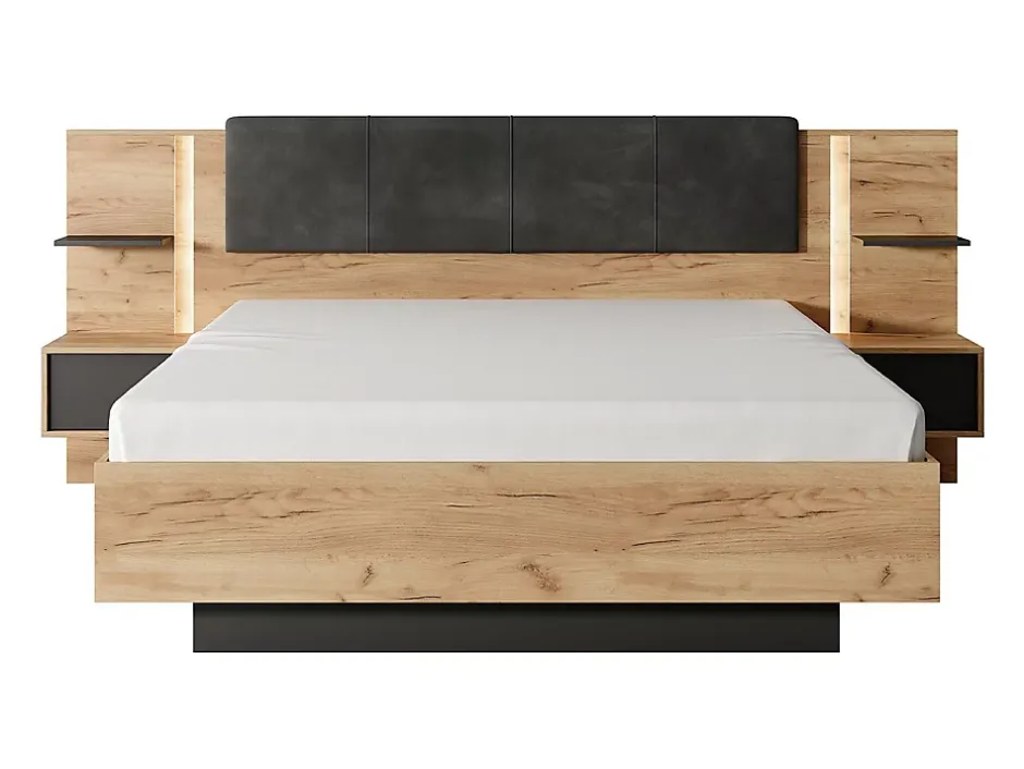 Vente-unique Lit avec chevets 160 x 200 cm - Avec LEDs - Coloris : Naturel et anthracite - ELYNIA Discount