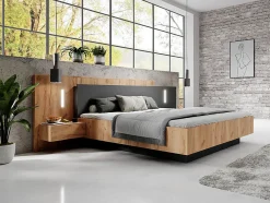 Vente-unique Lit avec chevets 160 x 200 cm - 2 tiroirs - Avec LEDs - Coloris : Naturel et anthracite + Sommier + Matelas - FRANCOLI Outlet