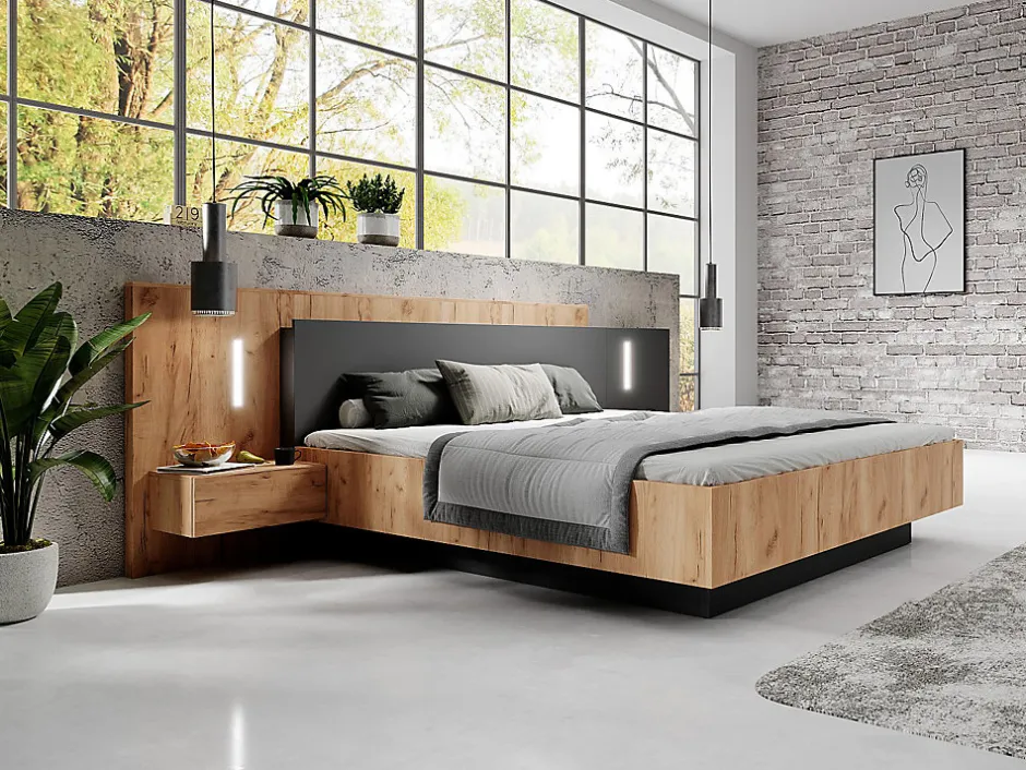 Vente-unique Lit avec chevets 160 x 200 cm - 2 tiroirs - Avec LEDs - Coloris : Naturel et anthracite + Sommier + Matelas - FRANCOLI Outlet