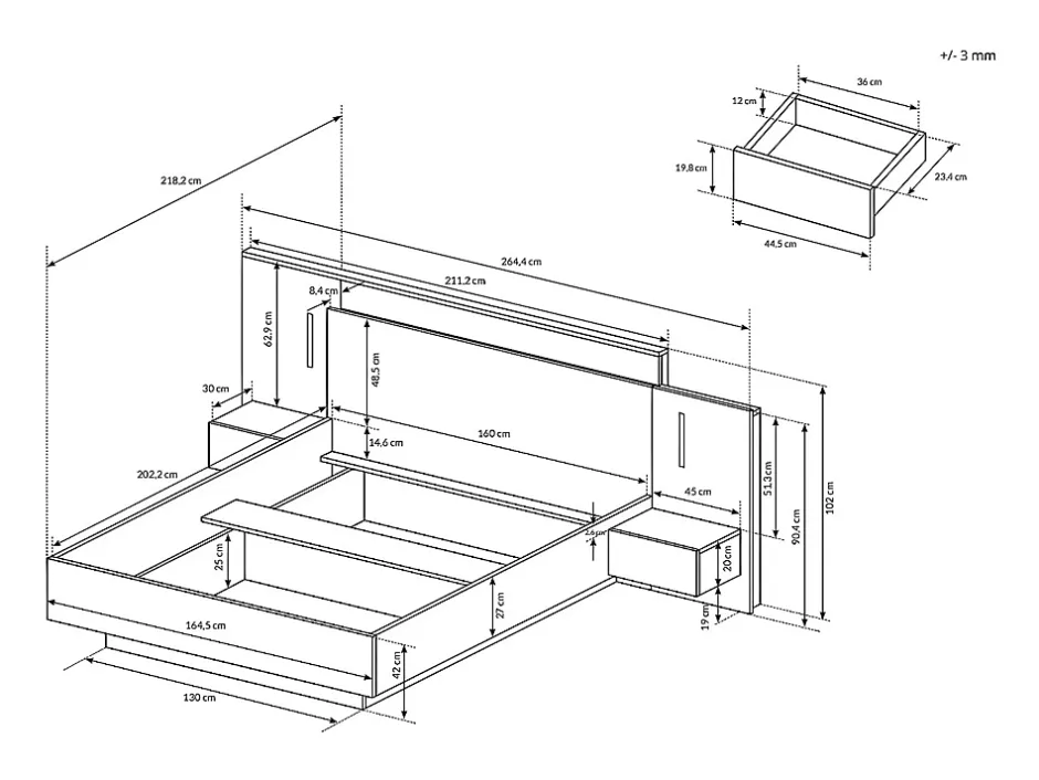 Vente-unique Lit avec chevets 160 x 200 cm - 2 tiroirs - Avec LEDs - Coloris : Naturel et anthracite + Sommier + Matelas - FRANCOLI Outlet