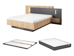 Vente-unique Lit avec chevets 160 x 200 cm - 2 tiroirs - Avec LEDs - Coloris : Naturel et anthracite + Sommier + Matelas - FRANCOLI Outlet