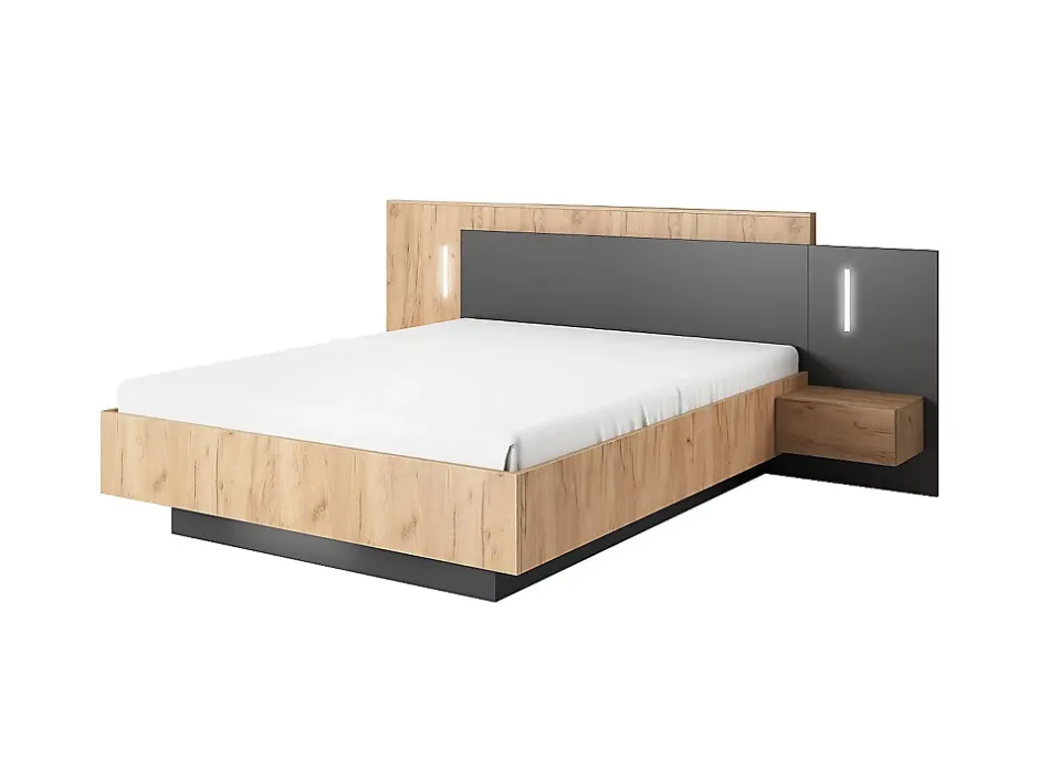 Vente-unique Lit avec chevets 160 x 200 cm - 2 tiroirs - Avec LEDs - Coloris : Naturel et anthracite + Sommier + Matelas - FRANCOLI Outlet