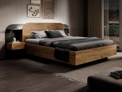 Vente-unique Lit avec chevets 160 x 200 cm - Avec LEDs - Coloris : Naturel et noir - JUVISIA