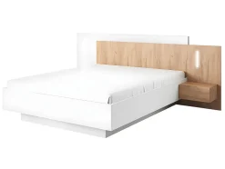 Vente-unique Lit avec chevets 160 x 200 cm - 2 tiroirs - Avec LEDs - Coloris : Blanc et naturel + Sommier - FRANCOLI