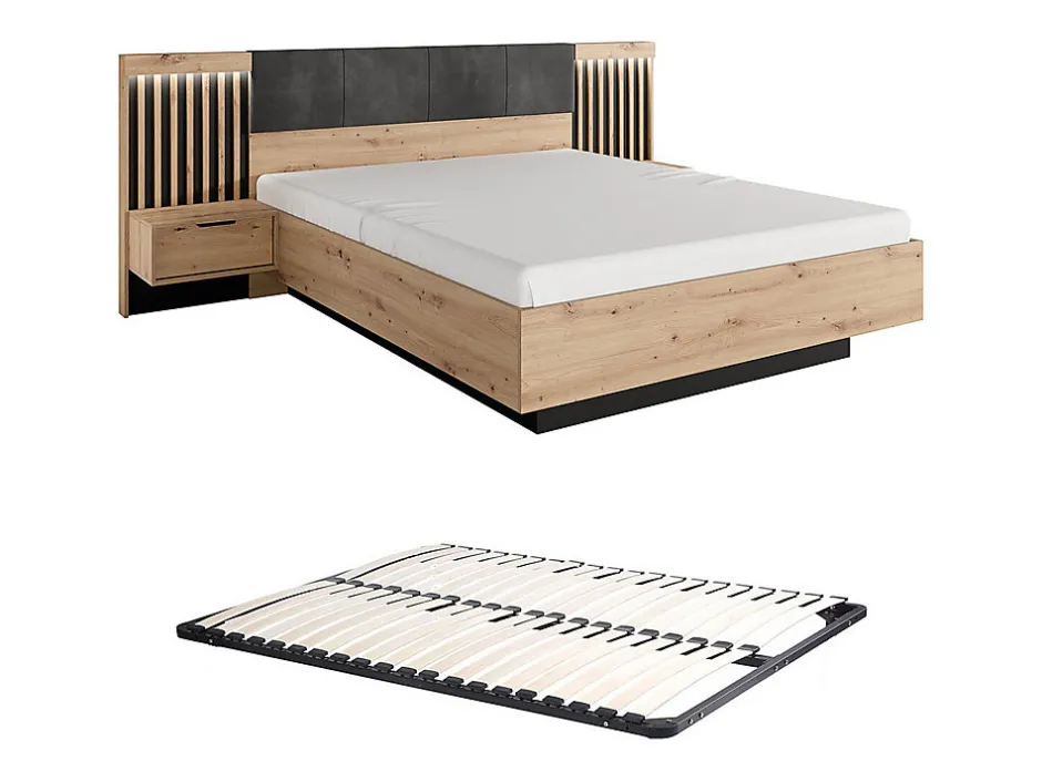 Vente-unique Lit avec chevets 160 x 200 cm - Avec LEDs - Coloris : Naturel et noir + Sommier - ARIADA