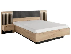 Vente-unique Lit avec chevets 160 x 200 cm - Avec LEDs - Coloris : Naturel et noir + Sommier - ARIADA