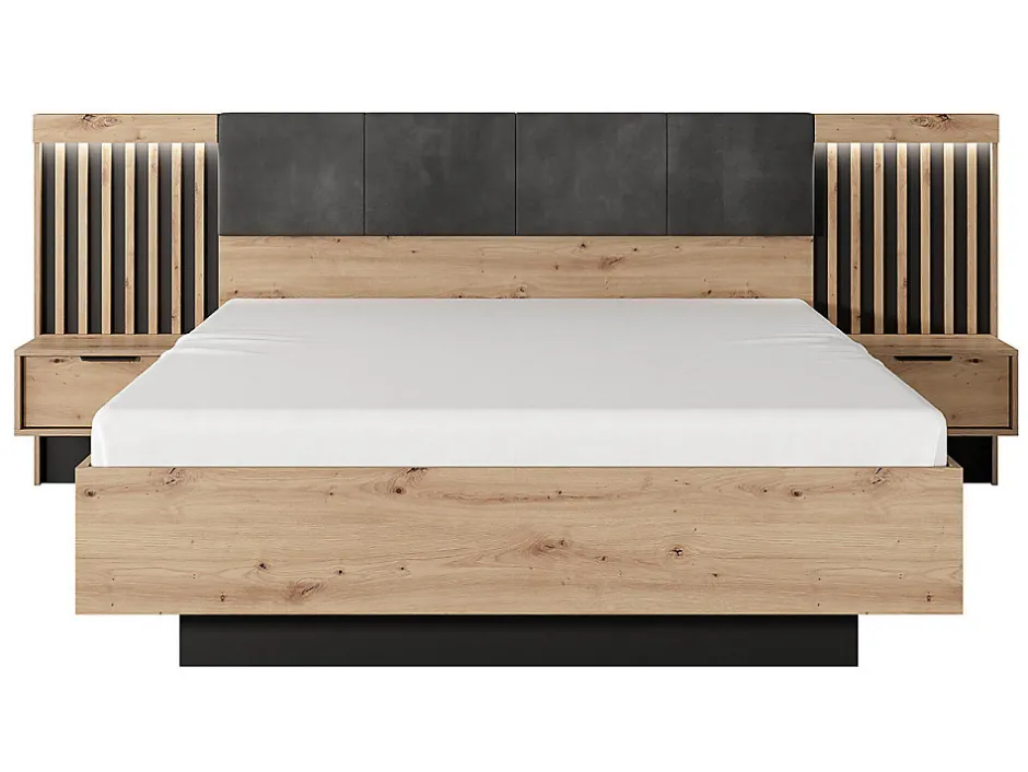 Vente-unique Lit avec chevets 160 x 200 cm - Avec LEDs - Coloris : Naturel et noir + Sommier - ARIADA