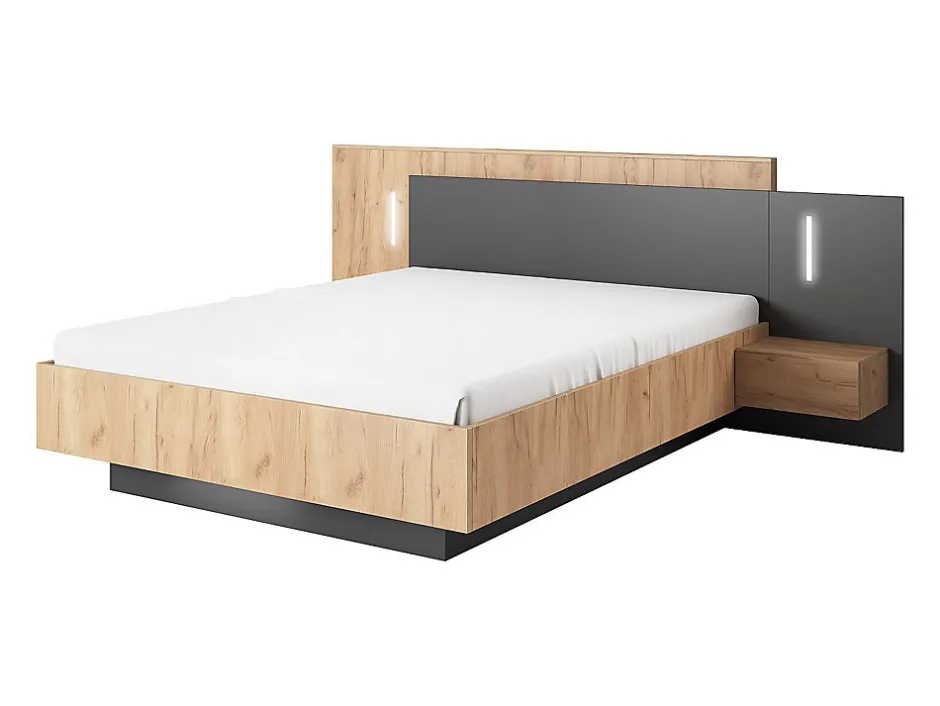 Vente-unique Lit avec chevets 160 x 200 cm - 2 tiroirs - Avec LEDs - Coloris : Naturel et anthracite - FRANCOLI