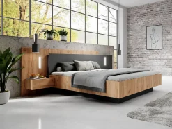 Vente-unique Lit avec chevets 160 x 200 cm - 2 tiroirs - Avec LEDs - Coloris : Naturel et anthracite - FRANCOLI