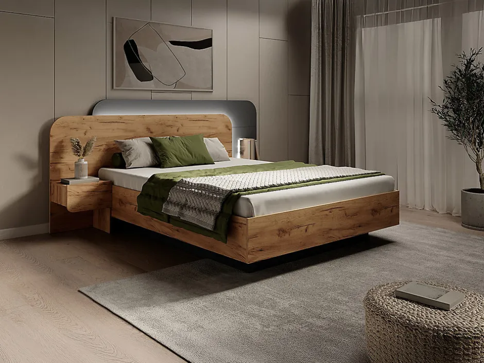 Vente-unique Lit avec chevets 160 x 200 cm - Avec LEDs - Coloris : Naturel et anthracite - DESADO