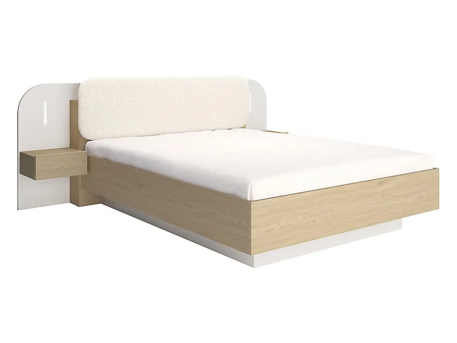 Vente-unique Lit avec chevets 160 x 200 cm - Avec LEDs - Coloris : Beige et naturel + Sommier - LYORIMA