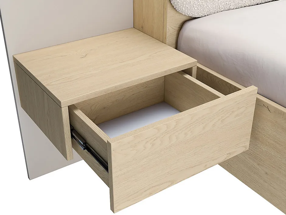 Vente-unique Lit avec chevets 160 x 200 cm - Avec LEDs - Coloris : Beige et naturel + Sommier - LYORIMA
