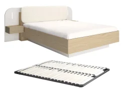 Vente-unique Lit avec chevets 160 x 200 cm - Avec LEDs - Coloris : Beige et naturel + Sommier - LYORIMA