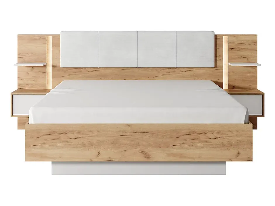 Vente-unique Lit avec chevets 160 x 200 cm - Avec LEDs - Coloris : Naturel et blanc - ELYNIA Best