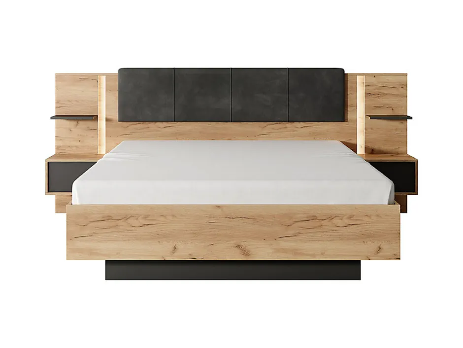 Vente-unique Lit avec chevets 160 x 200 cm - Avec LEDs - Coloris : Naturel et anthracite + Sommier + Matelas - ELYNIA