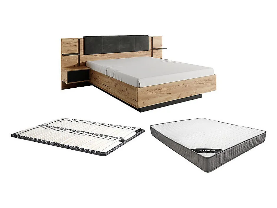 Vente-unique Lit avec chevets 160 x 200 cm - Avec LEDs - Coloris : Naturel et anthracite + Sommier + Matelas - ELYNIA