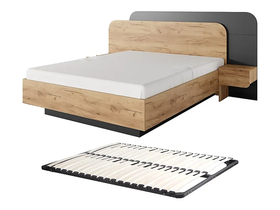 Vente-unique Lit avec chevets 160 x 200 cm - Avec LEDs - Coloris : Naturel et anthracite + Sommier - DESADO Discount