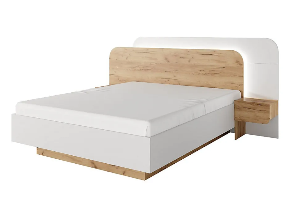 Vente-unique Lit avec chevets 160 x 200 cm - Avec LEDs - Coloris : Naturel et blanc + Sommier - DESADO