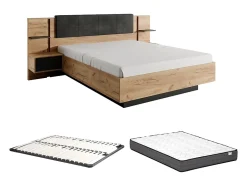 Vente-unique Lit avec chevets 140 x 190 cm - Avec LEDs - Coloris : Naturel et anthracite + Sommier + Matelas - ELYNIA Sale