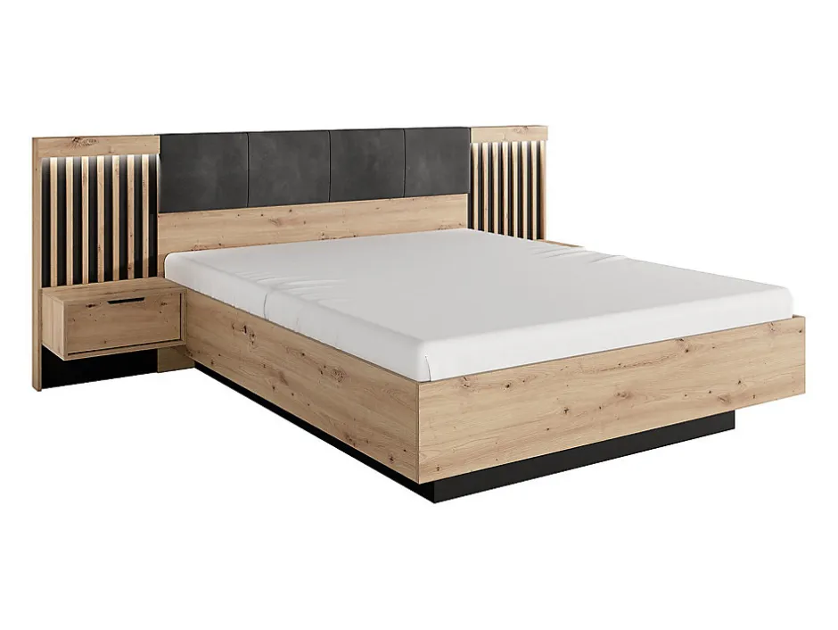 Vente-unique Lit avec chevets 160 x 200 cm - Avec LEDs - Coloris : Naturel et noir - ARIADA