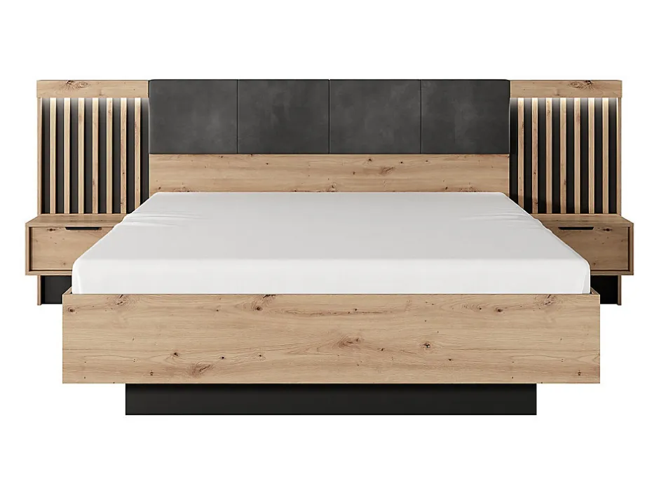 Vente-unique Lit avec chevets 160 x 200 cm - Avec LEDs - Coloris : Naturel et noir - ARIADA