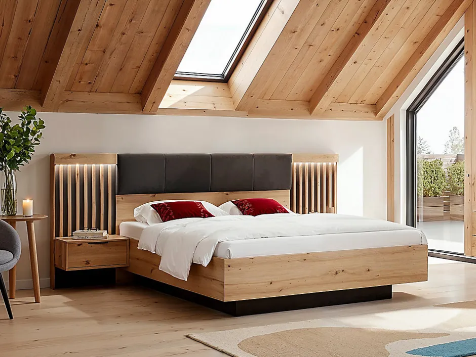 Vente-unique Lit avec chevets 160 x 200 cm - Avec LEDs - Coloris : Naturel et noir - ARIADA