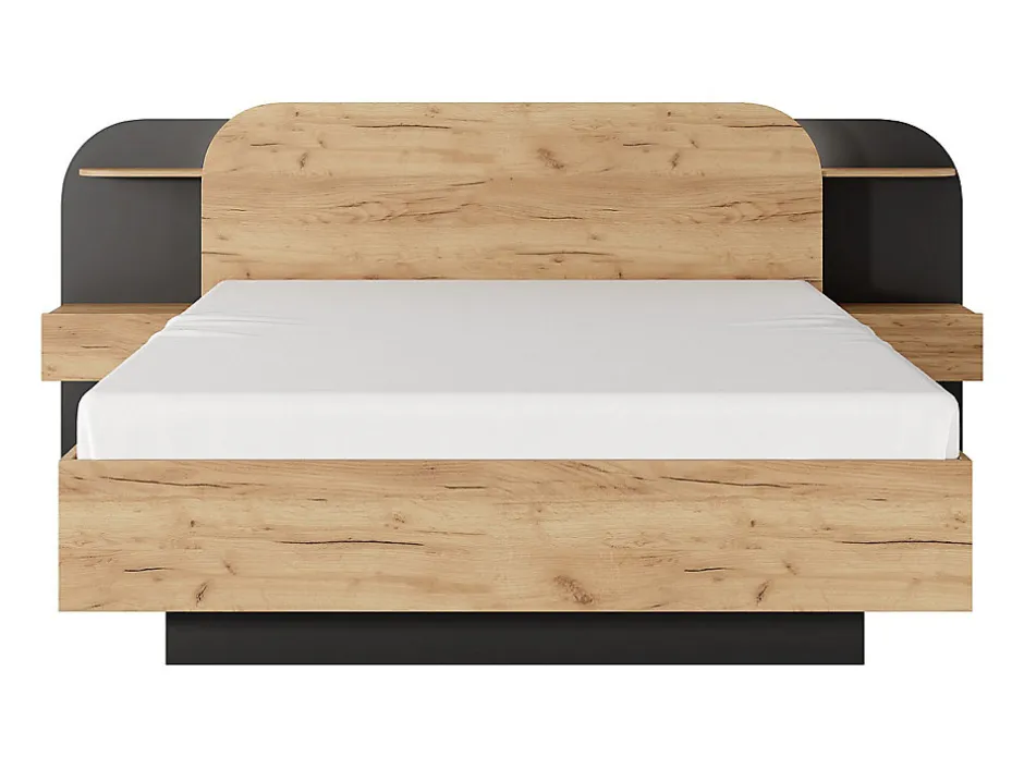 Vente-unique Lit avec chevets 160 x 200 cm - Avec LEDs - Coloris : Naturel et noir + Sommier - JUVISIA