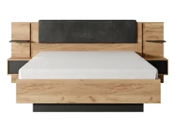 Vente-unique Lit avec chevets 140 x 190 cm - Avec LEDs - Coloris : Naturel et anthracite - ELYNIA