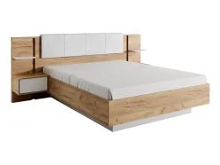 Vente-unique Lit avec chevets 160 x 200 cm - Avec LEDs - Coloris : Naturel et blanc + Sommier - ELYNIA