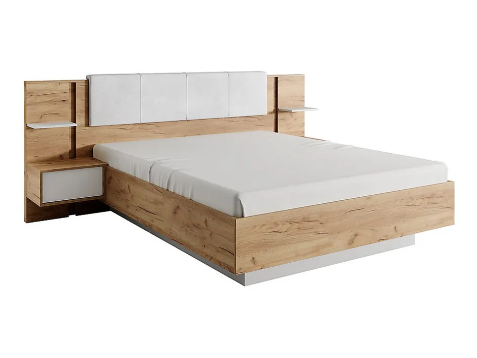 Vente-unique Lit avec chevets 160 x 200 cm - Avec LEDs - Coloris : Naturel et blanc + Sommier - ELYNIA