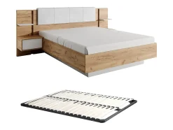 Vente-unique Lit avec chevets 160 x 200 cm - Avec LEDs - Coloris : Naturel et blanc + Sommier - ELYNIA
